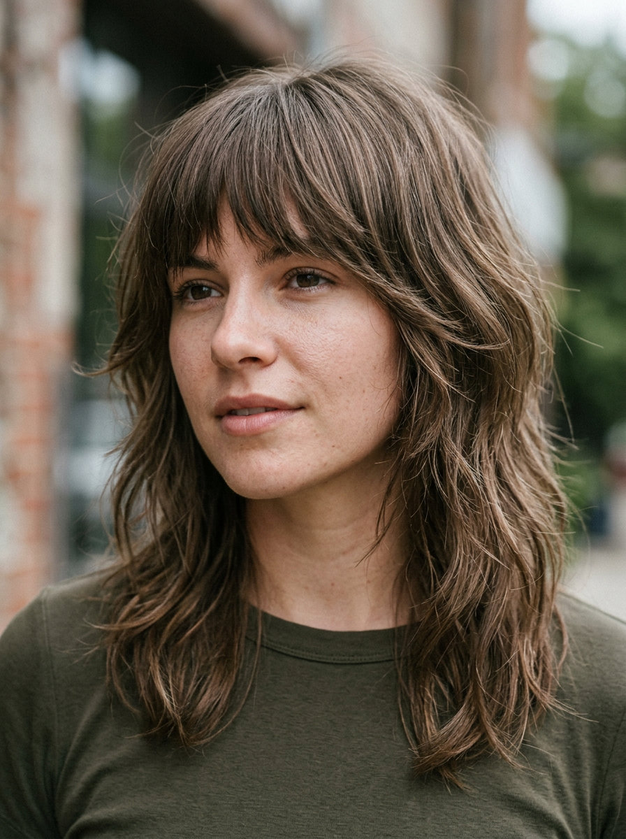 collarbone-length mushroom brown shag haircut with heavy layers and wispy fringe for a cool girl look
