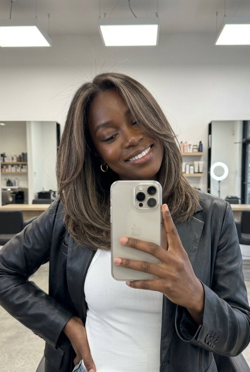 long mushroom brown balayage with ash beige highlights, cool-toned blend, no fringe — chic