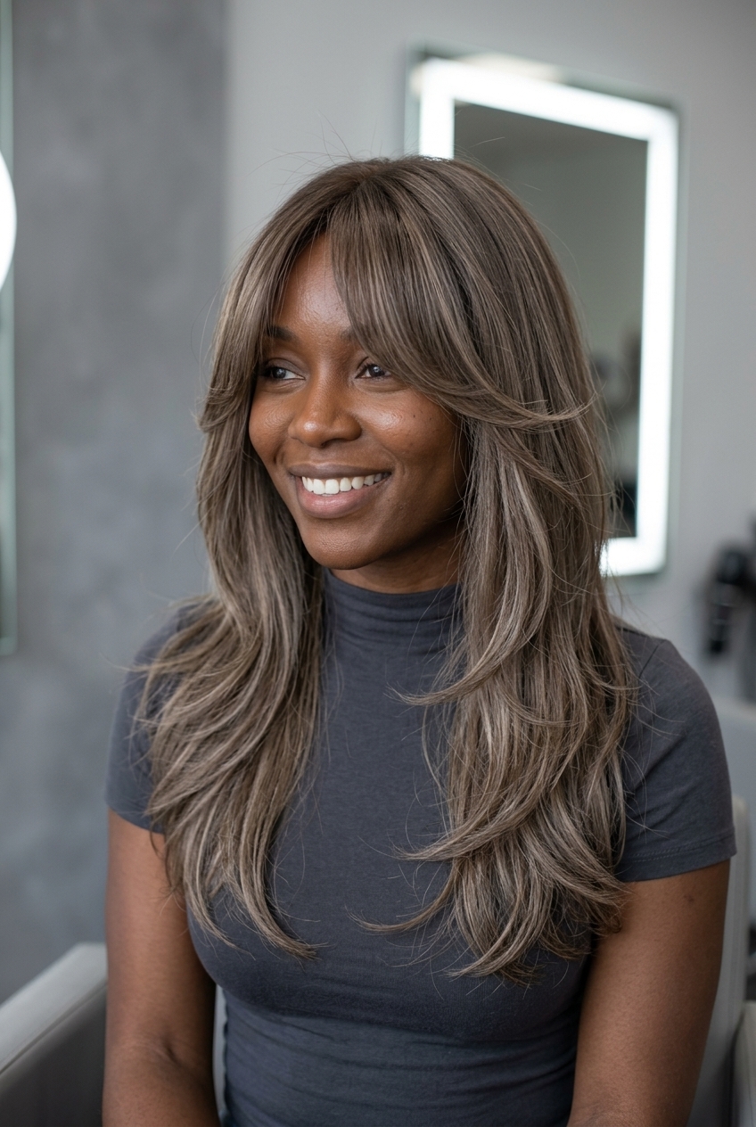 long mushroom brown butterfly layers with cool sand balayage and curtain bangs — playful boho