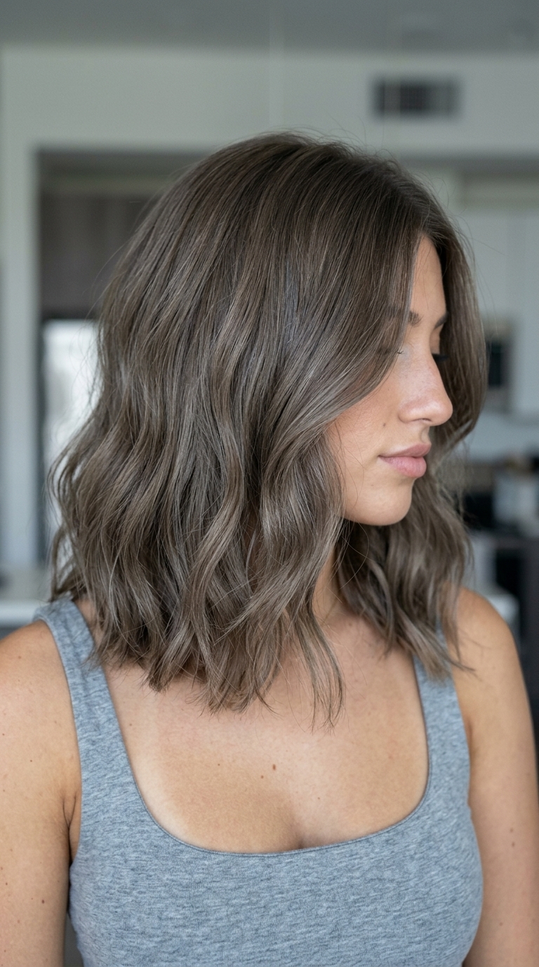 long mushroom brown lob with soft layers and ash taupe dimension — soft effortless
