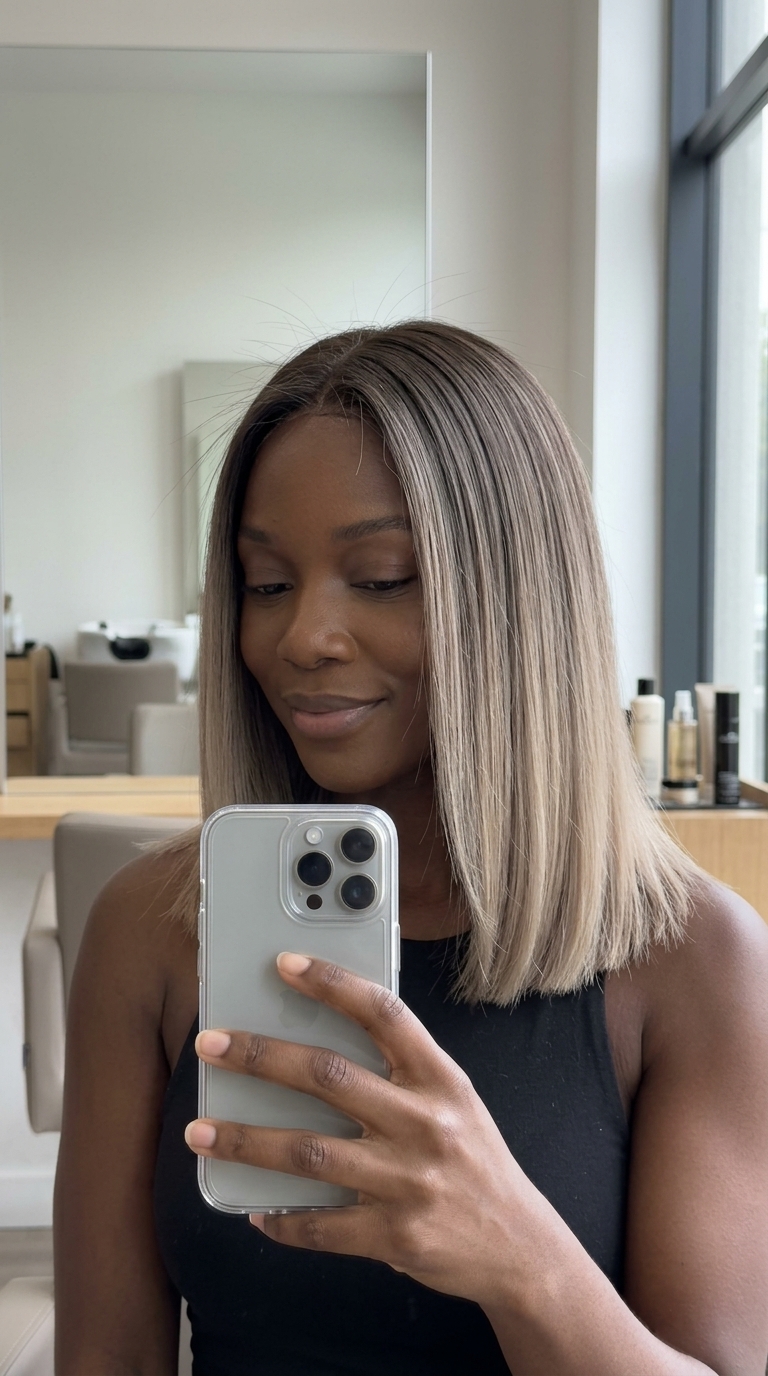 long mushroom brown to beige blonde ombre with cool tones, foilayage blend, no fringe — minimalist style