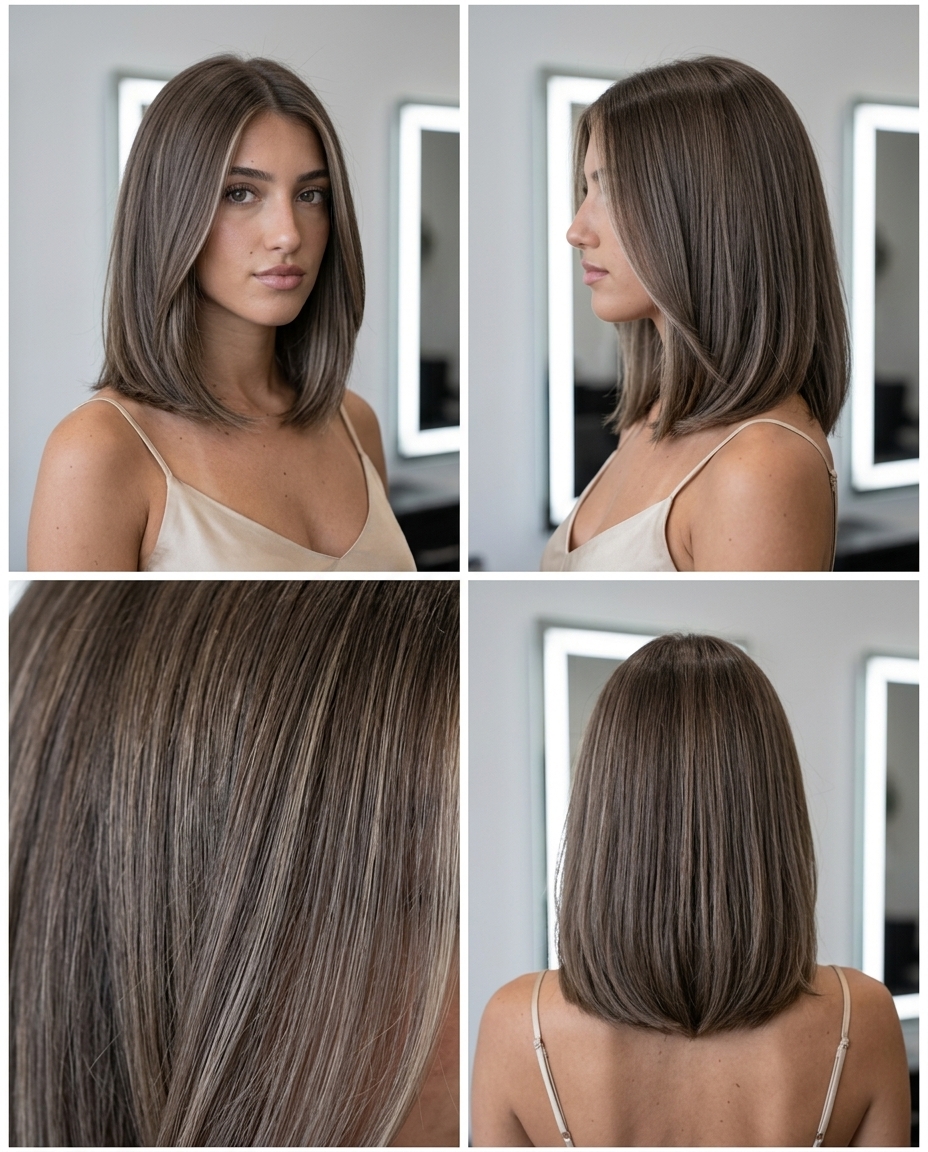medium point-cut lob in mushroom brown with cool ash babylights, subtle forward curve