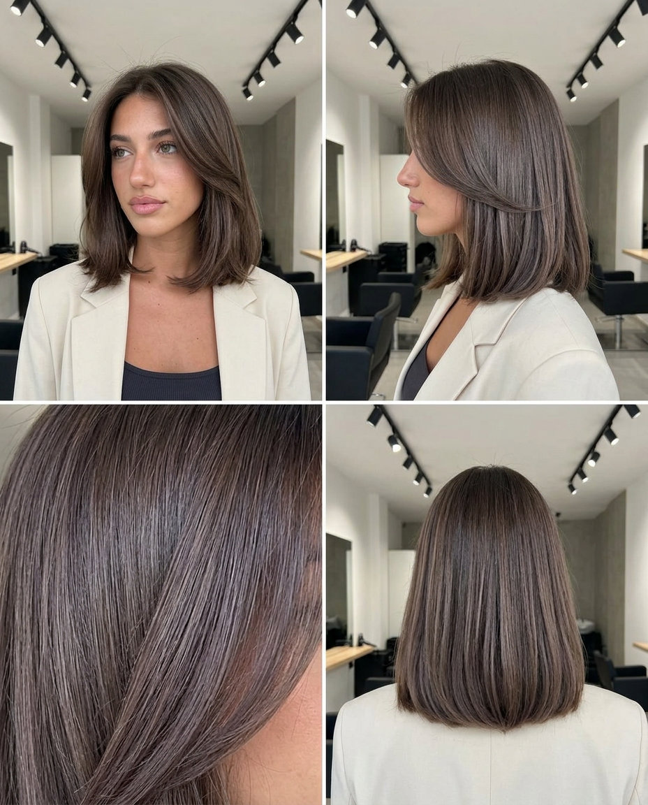 shoulder-length mushroom brown hair with ash-beige, diffused babylights for summer