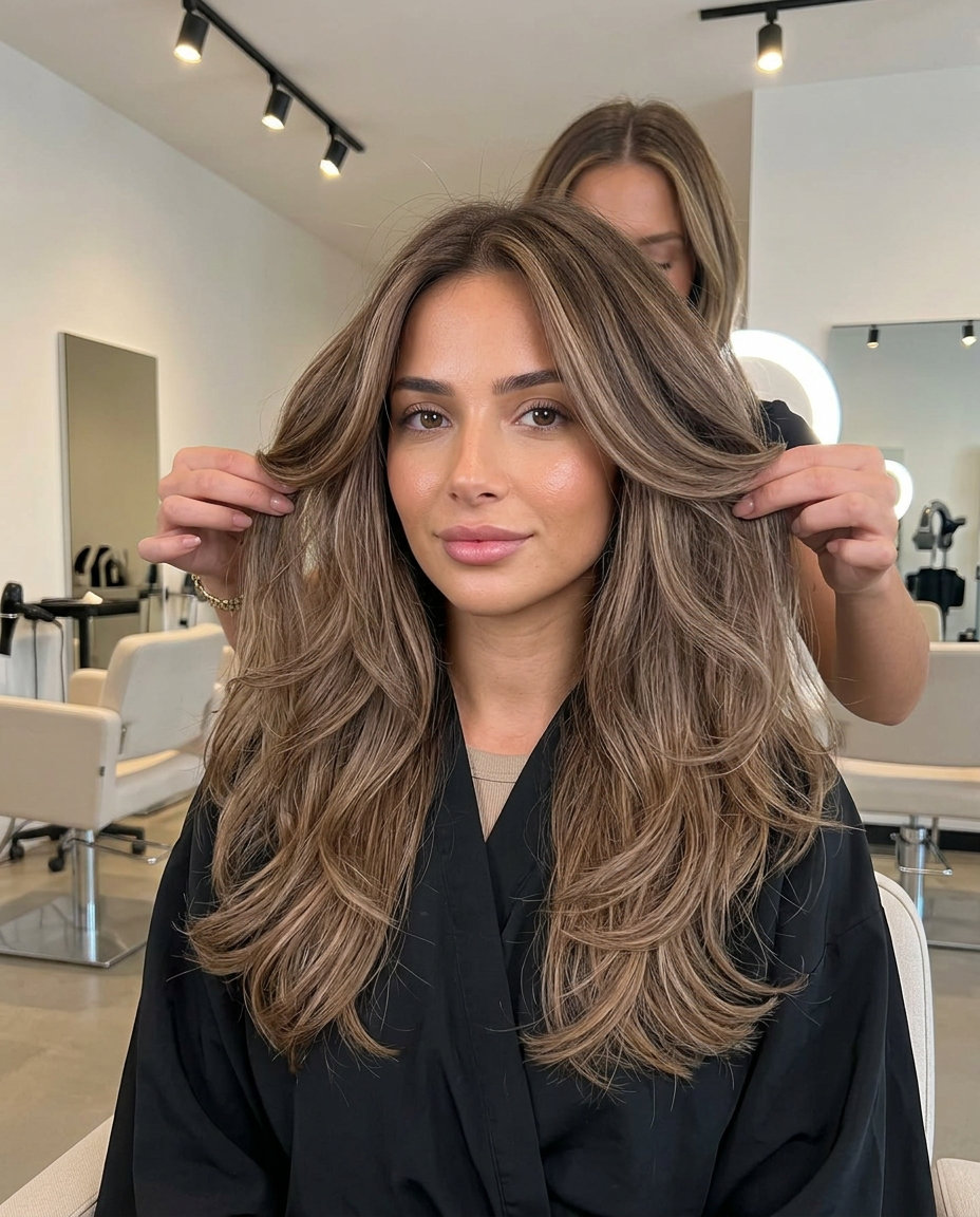 Toasted Truffle Highlights 2026: Sun-Kissed Layers long toasted truffle mushroom brown with sandy beige highlights, balayage, no fringe — bohemian sun-kissed
