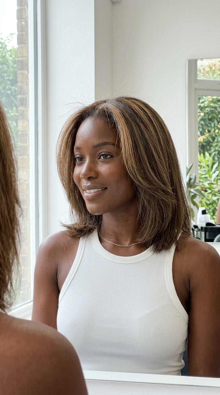 Toasted Truffle Crown Highlights 2026: Subtle Glow long layered toasted truffle mushroom brown with sandy beige highlights, crown focus, no fringe — radiant effortless
