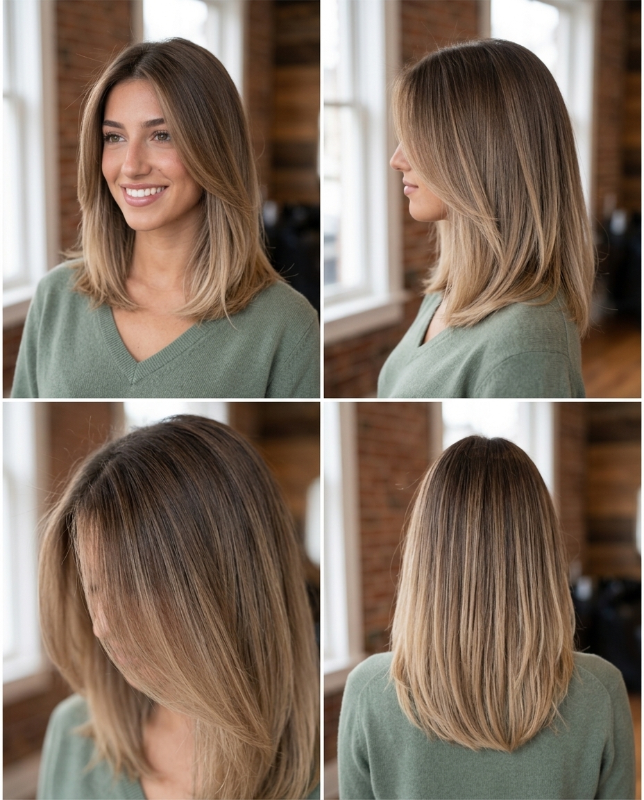 Toasted Truffle Ombré 2026: Beachy Waves long mushroom brown ombré with sandy beige ends, balayage, no fringe — boho cool