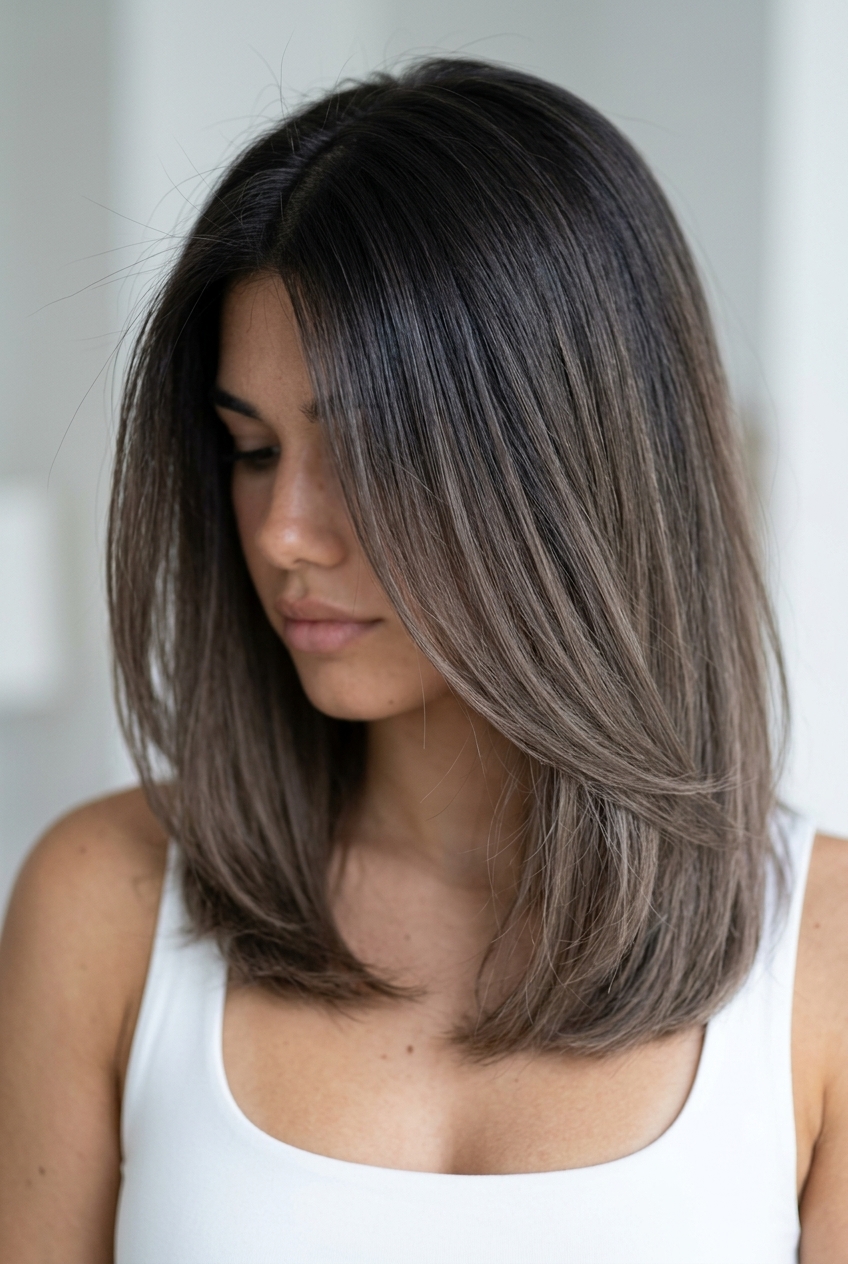 long invisible layered midnight brunette with mushroom ash melt, muted greige tones, no fringe — minimalist professional event