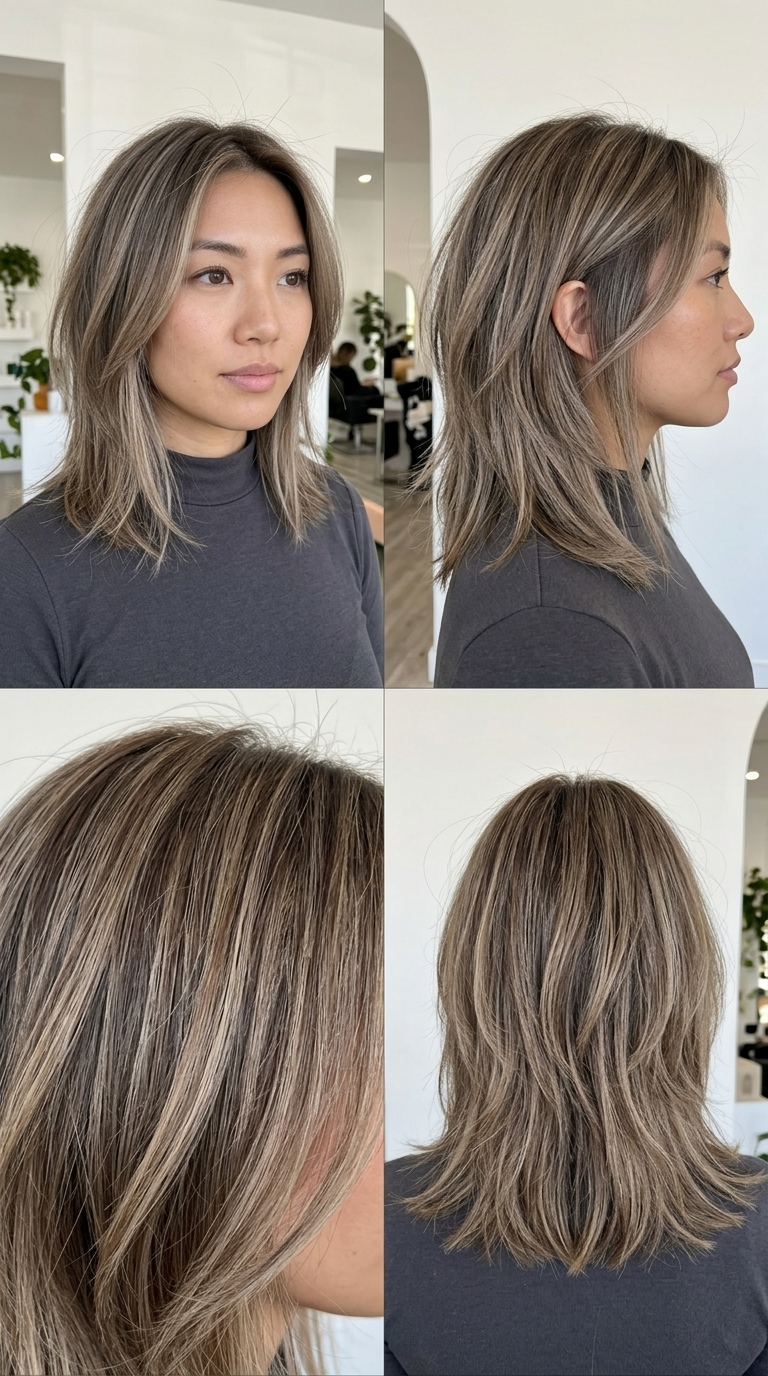 textured shag haircut with mushroom bronde, diffused highlights, no fringe — effortless cool