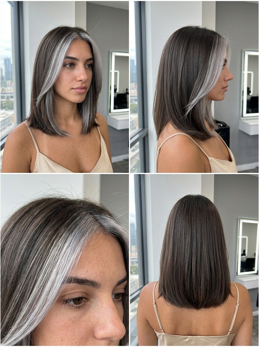 short blunt deep mushroom brown with icy silver money pieces, sharp bob, no fringe — bold high-contrast