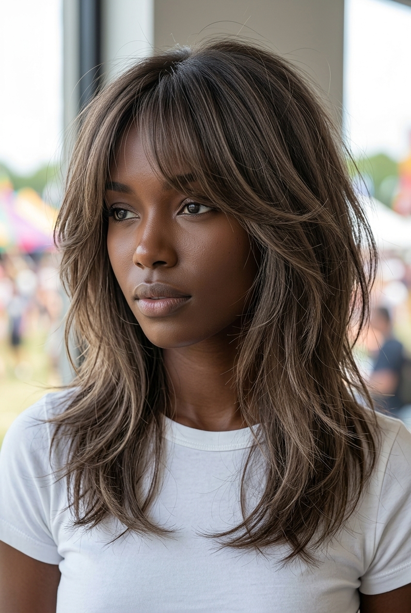 shoulder-length mushroom shag haircut with ash undertones and wispy curtain bangs for a music festival
