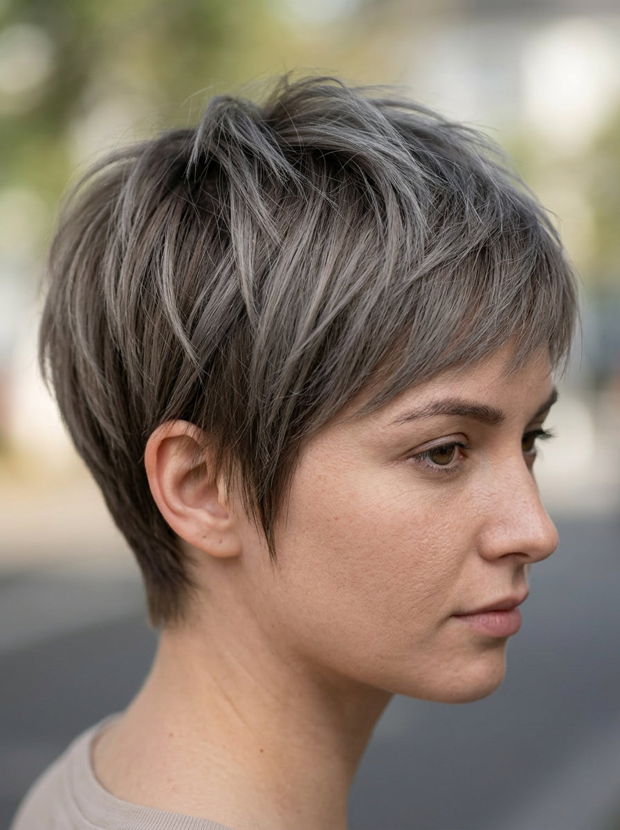 Mushroom Silver Pixie Shag 2026: Textured & Modern very short pixie haircut with mushroom silver, ash brown root, subtle silver babylights, wispy fringe