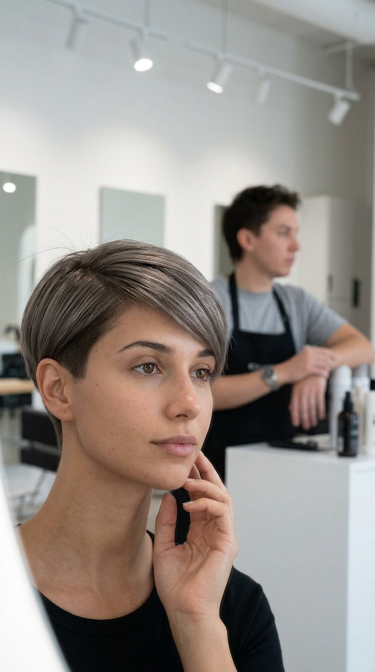 Mushroom Silver Pixie Haircut 2026 very short sleek pixie haircut with mushroom silver, tapered sides for professional chic