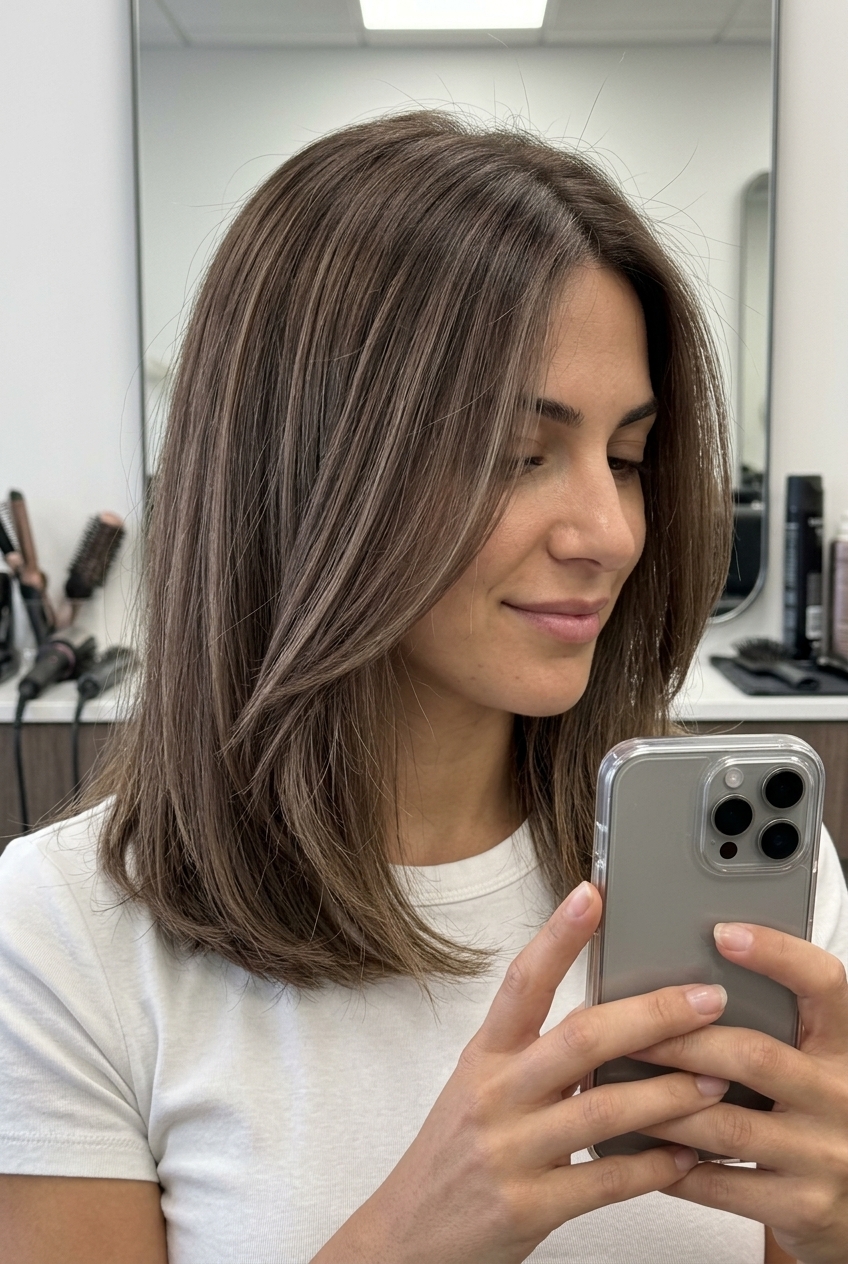 Muted Morel Mushroom Brown Shag 2026 shoulder-length shag mushroom brown hair color with muted morel scattered highlights, freehand painting, textured ends — effortless