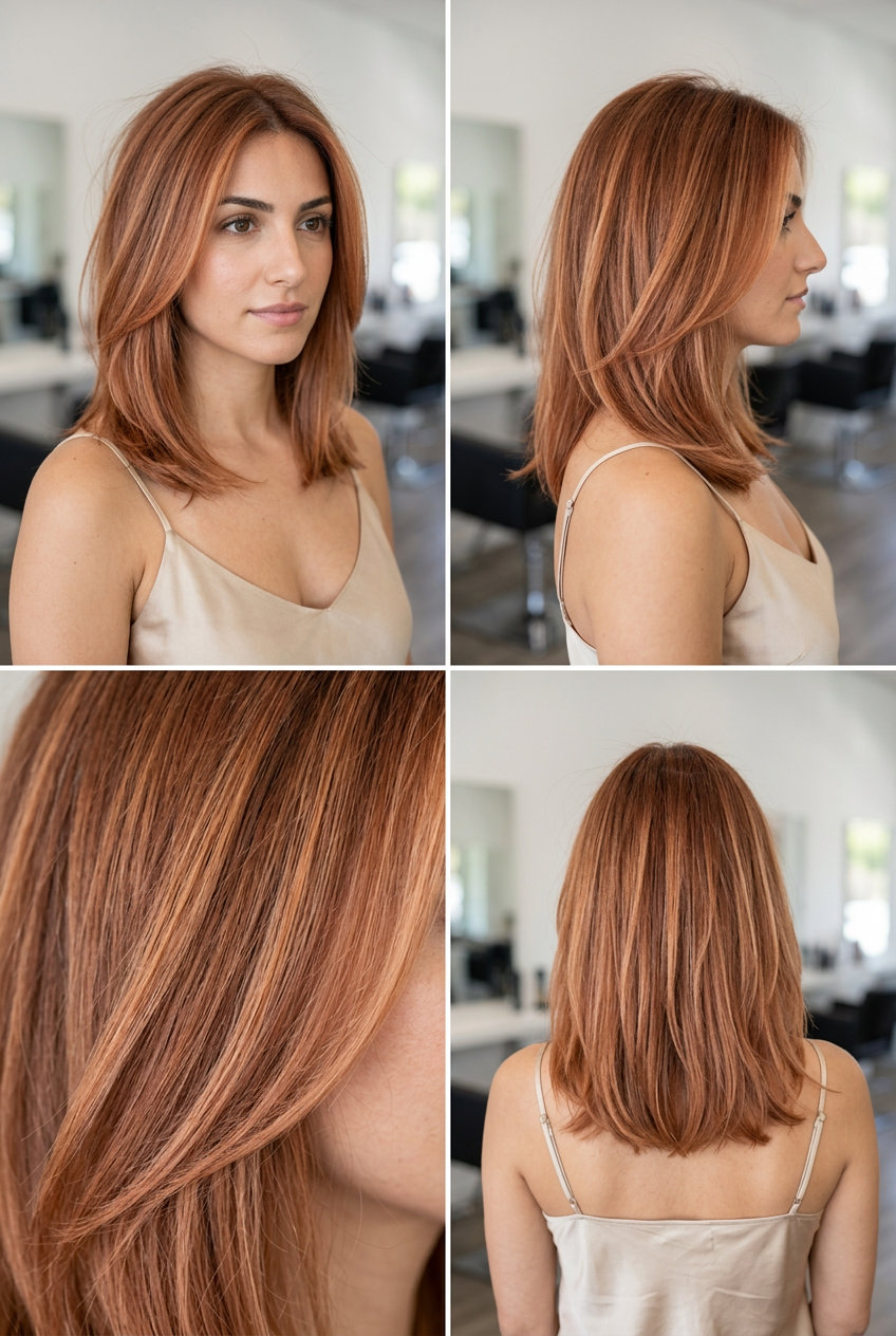 Apricot Auburn Babylights: Soft French Chic 2026 long layered natural auburn with apricot babylights for soft french chic look