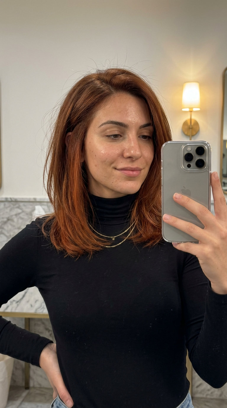 Hidden Ember Underlayer: Playful Auburn Hair 2026 textured lob natural auburn with hidden burnished copper underlayer for playful style
