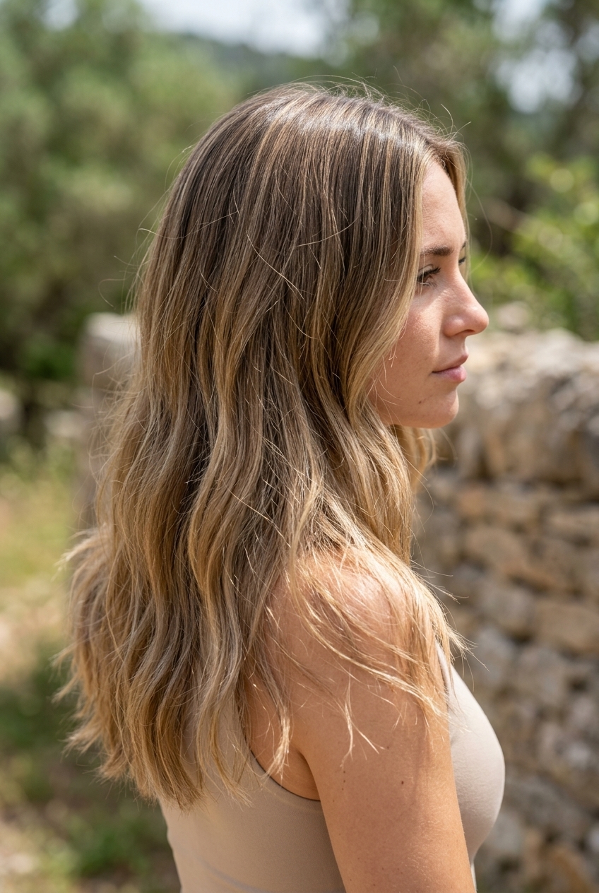 long layered wavy haircut in natural bronde with beige undertones and ghost layers for summer