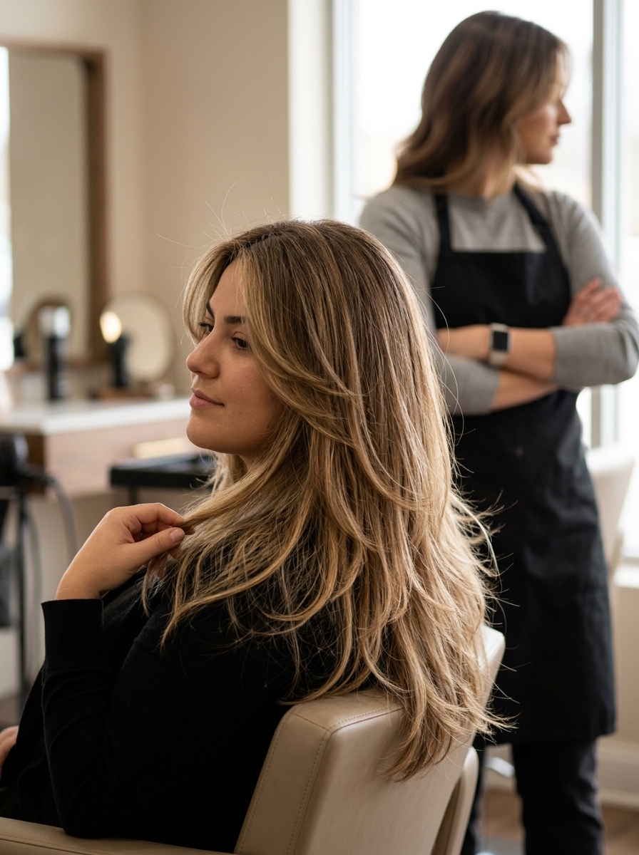 long layered haircut with natural bronde, honey balayage, sweeping layers — romantic summer haircut for round face