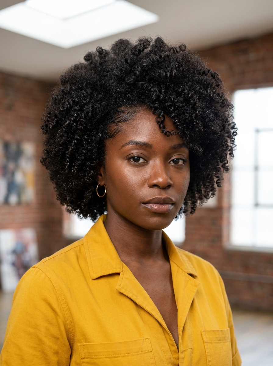 textured afro-centric cut natural brown with high shine, rounded silhouette, face-framing — bold