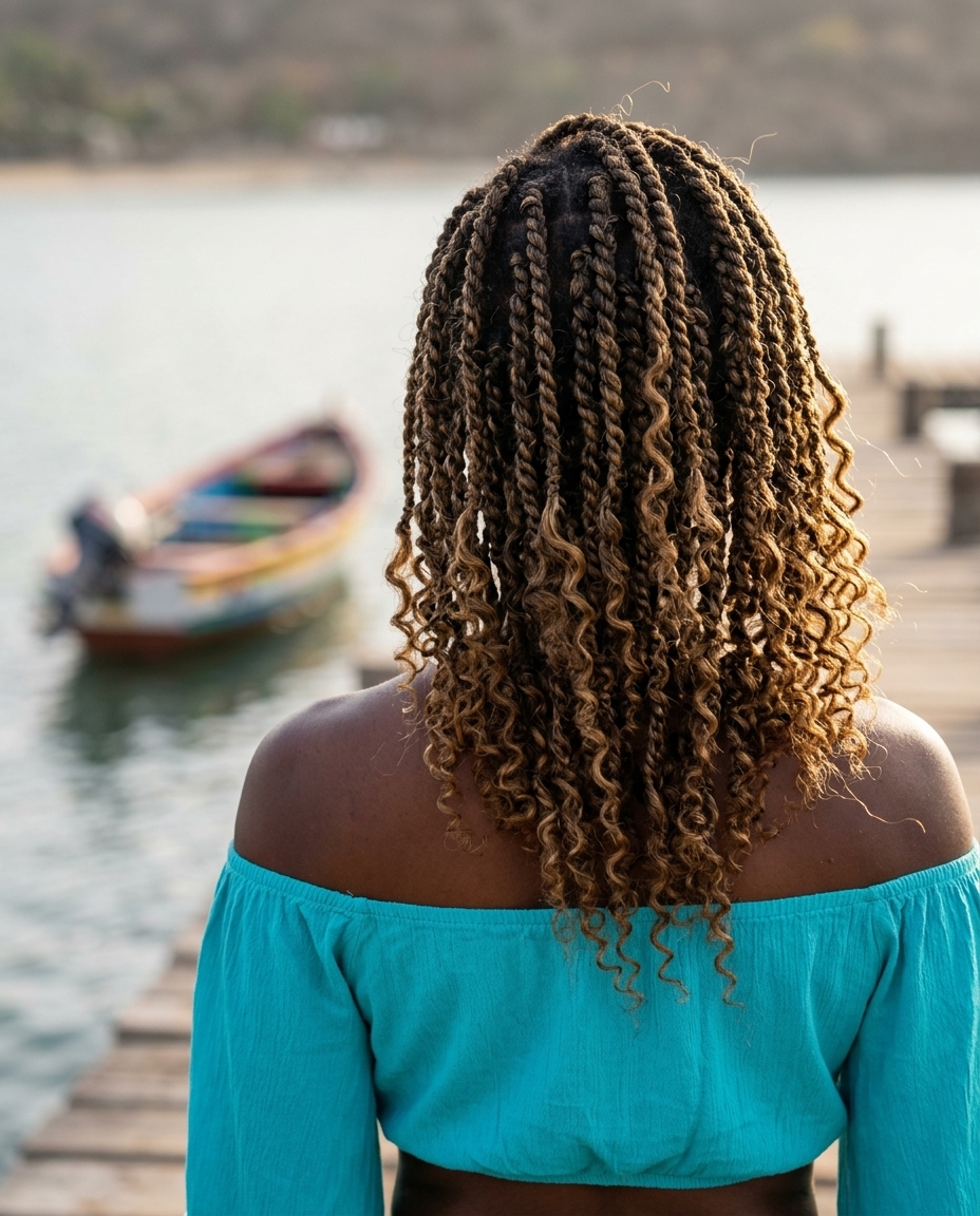 shoulder-length natural brown textured curly twist braids with loose, curly ends for weekend