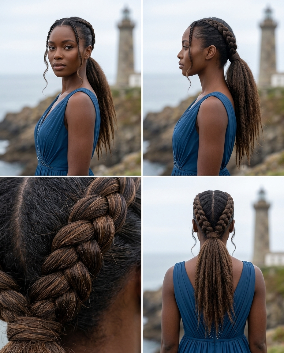 long natural brunette braided ponytail with mushroom bronde balayage, two braids — bold