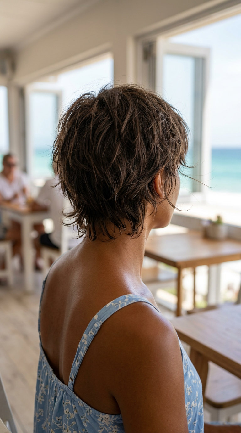 short tousled bixie haircut with natural brunette, piecey texture, no fringe for casual outing