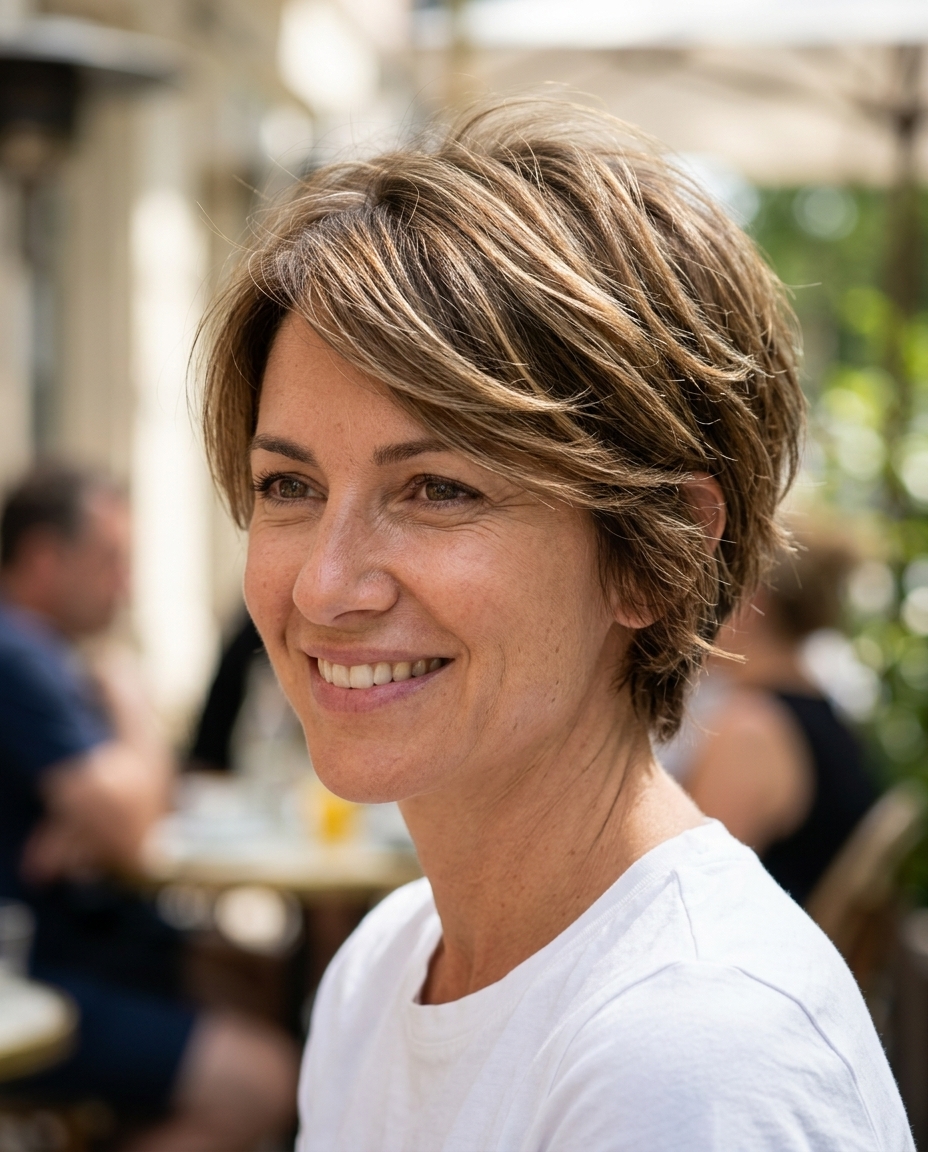short bixie haircut with natural brunette & sun-kissed babylights, wispy bangs for daily wear