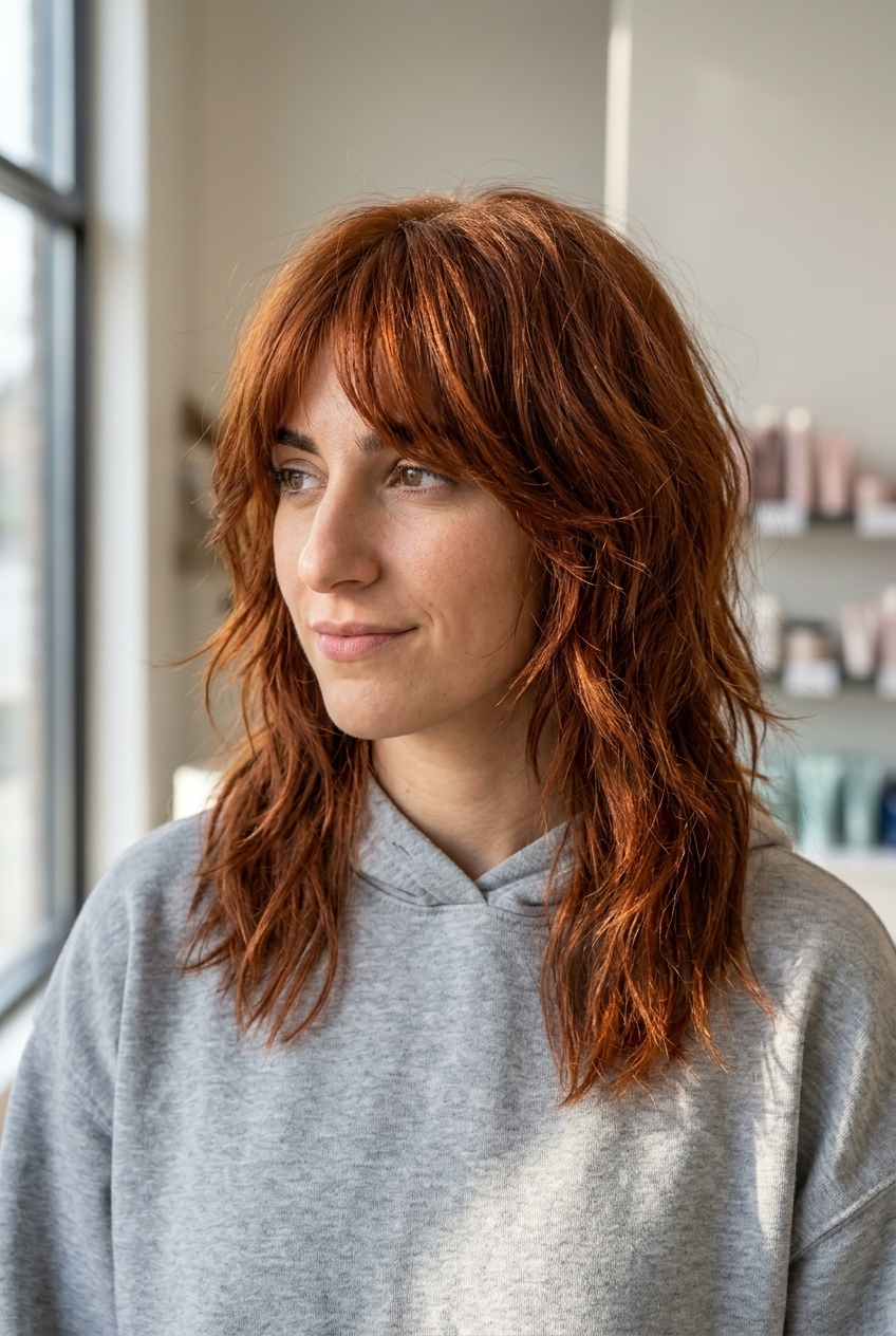 shaggy natural copper haircut with choppy layers and face-framing fringe, warm penny undertones — bohemian earthy