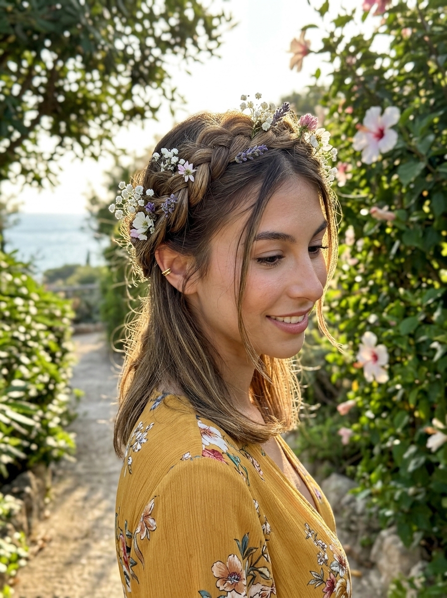 long natural hair crown braid with wildflowers, Dutch braid technique, and loose texture for bohemian festival