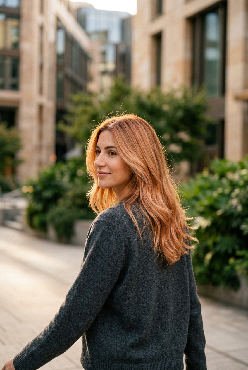 Nectarine Auburn Balayage Hair Color 2026 long strawberry blonde and light copper auburn balayage with face-framing layers — playful, radiant