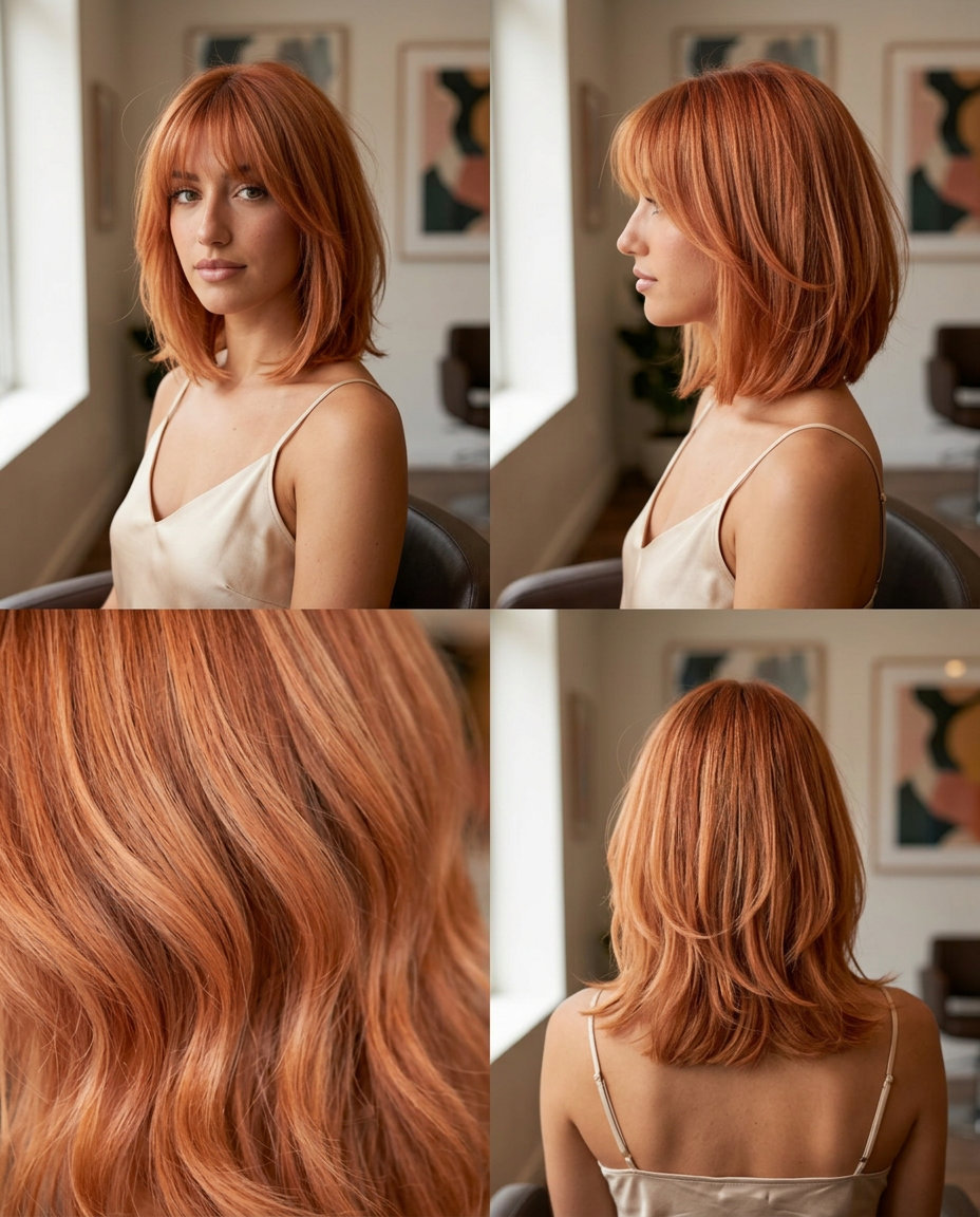 collarbone-length bob with nectarine copper, soft layers and feathery bangs — romantic and playful