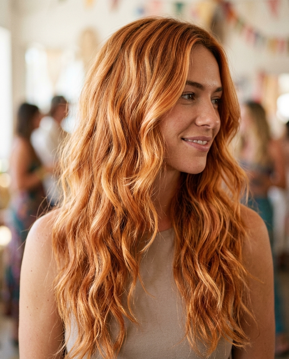 long U-cut waves with nectarine copper, feathered layers, no bangs — vibrant artistic look