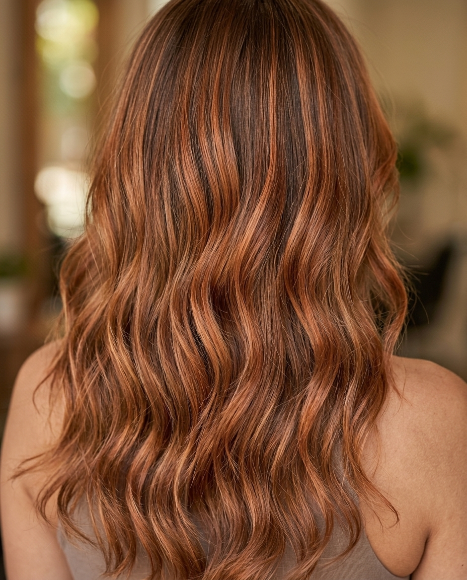 long V-cut waves with nectarine copper, face-framing layers, no bangs — bohemian festival style