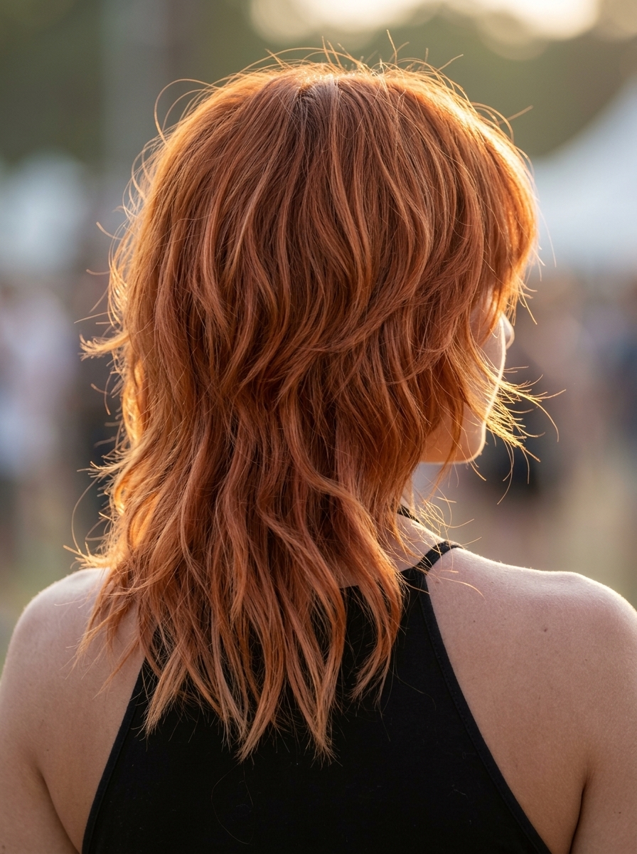 medium wolf cut nectarine copper with pinkish-orange undertones and wispy fringe for festivals