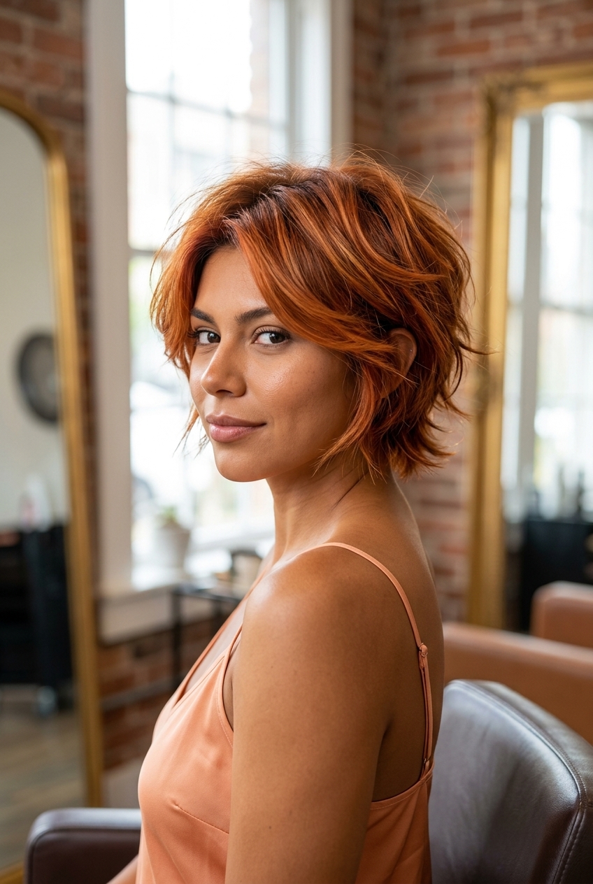 short nectarine copper bixie with apricot highlights, razored nape, feathered fringe — playful vibrant