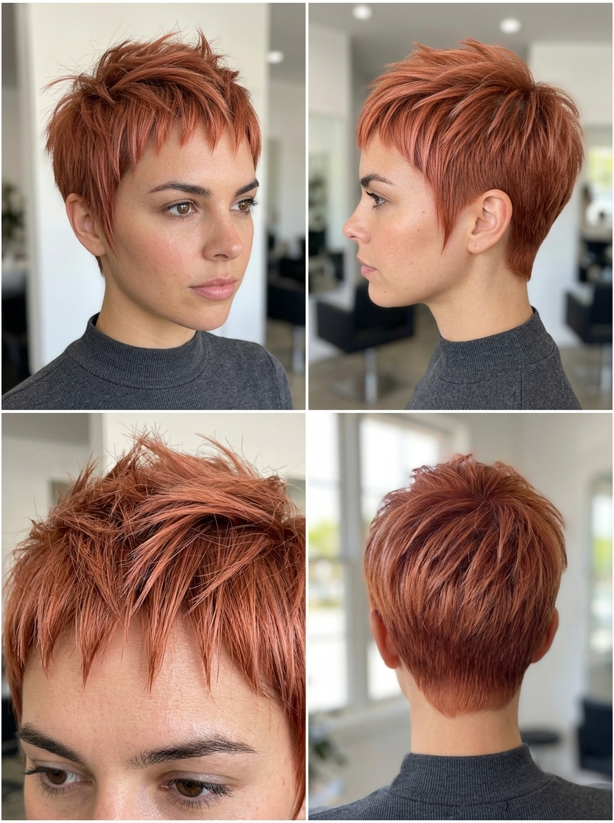 short tapered pixie with nectarine copper, spiky texture and micro-fringe — rebellious and playful