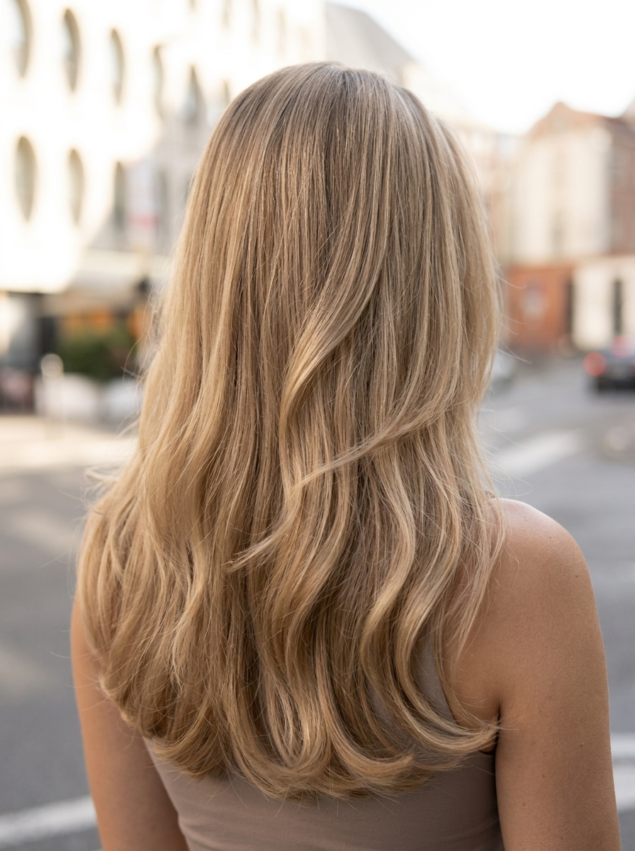 long layered wavy haircut in neutral linen blonde with mushroom root shadow for summer