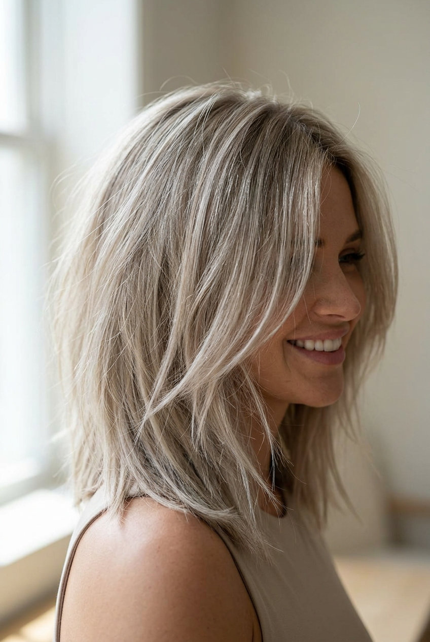 Oatmilk Ash Lob 2026: Effortless & Tousled collarbone-length ash blonde lob with oatmilk ash, shattered ends, soft face-framing layers — effortless minimalist