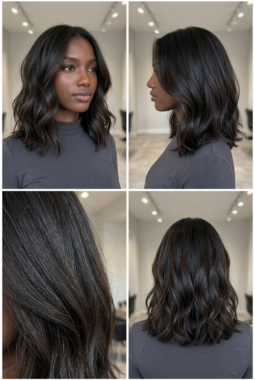long obsidian brown haircut with near-black reverse balayage, darker mid-lengths and ends, for effortless cool looks