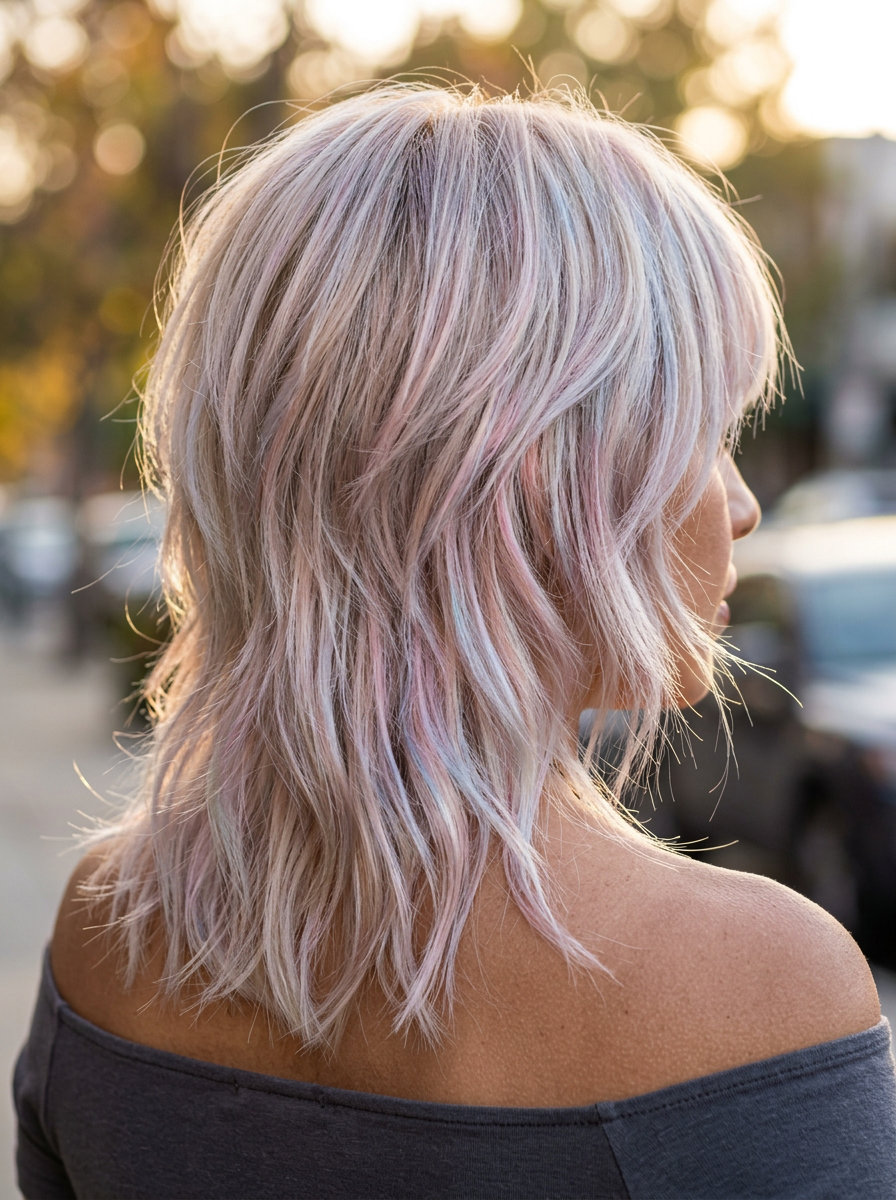 long choppy shag haircut in opal platinum with sandy root smudge and wispy curtain bangs for boho-chic