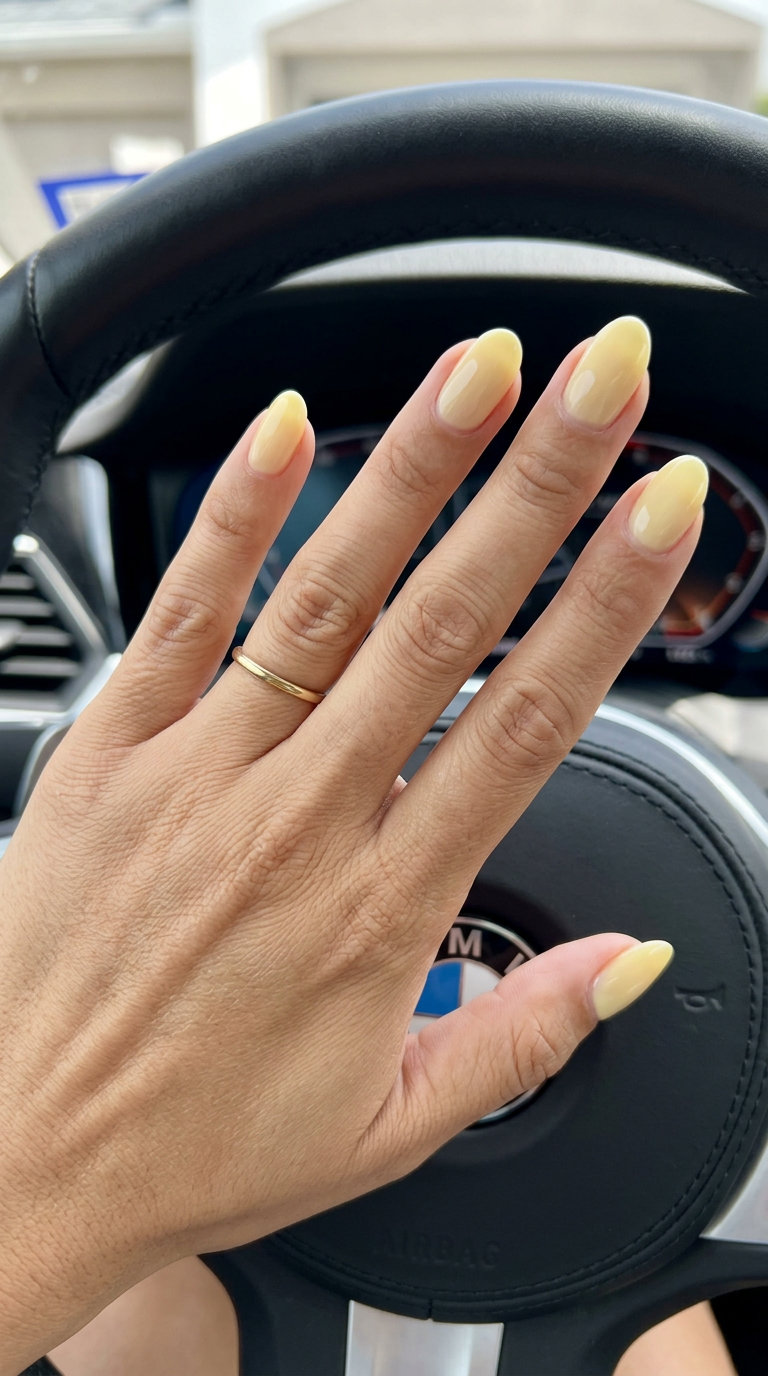 Butter Yellow Creamy Sheer Oval Summer Nails 2026 Oval summer nails 2026: Pale butter yellow creamy sheer polish for a playful, optimistic, lighthearted look.