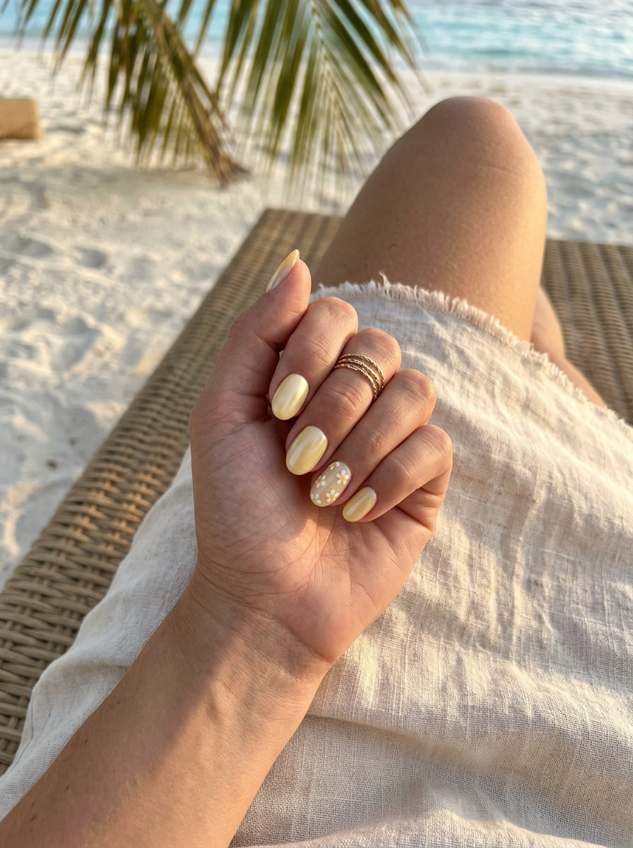 Butter Yellow Glazed Daisy Oval Summer Nails 2026 Oval summer nails 2026: Butter yellow glazed finish with dainty white daisy accents for a cheerful vibe.