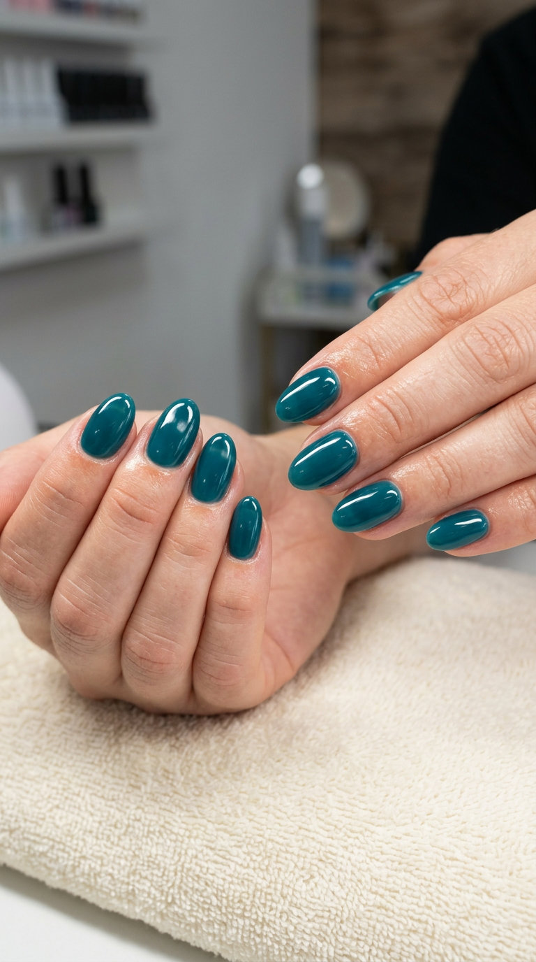 Deep Teal Jelly Oval Summer Nails 2026 Deep teal jelly oval nails, a sultry option for oval summer nails 2026 for all skin tones. Evening event ready.