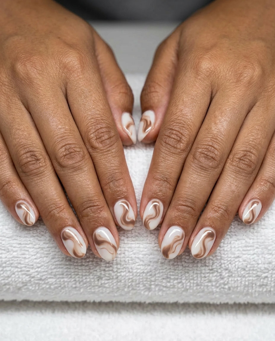 Chic Oval Summer Nails 2026: Mocha Swirl Chic oval summer nails 2026: mocha swirl milky design for all skin tones, perfect for office.
