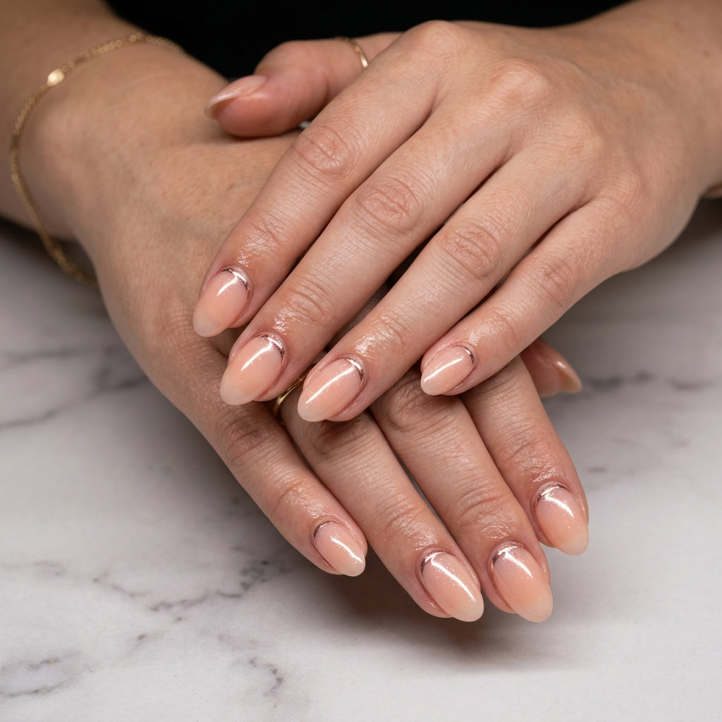 Rose Gold Dune Oval Summer Nails 2026 Oval summer nails 2026: Sheer milky peach with rose gold chrome accent for romantic, subtle glamour.