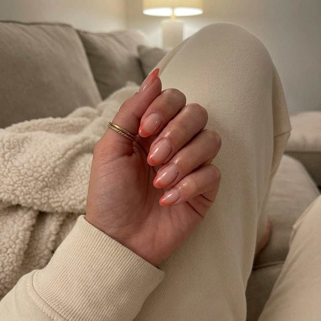 Sheer Coral Oval Summer Nails 2026 Sheer coral French tip on short oval nails, perfect for oval summer nails 2026 for all skin tones. Casual & chic.