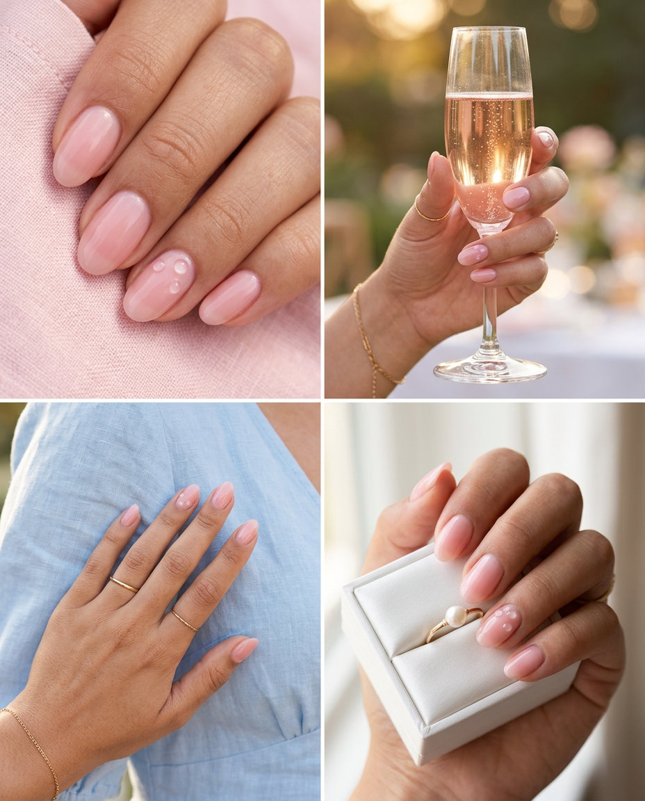 Romantic Oval Summer Nails 2026: Pink Dew Drops Romantic oval summer nails 2026: sheer pink dew drop elegance for all skin tones, perfect for weddings.