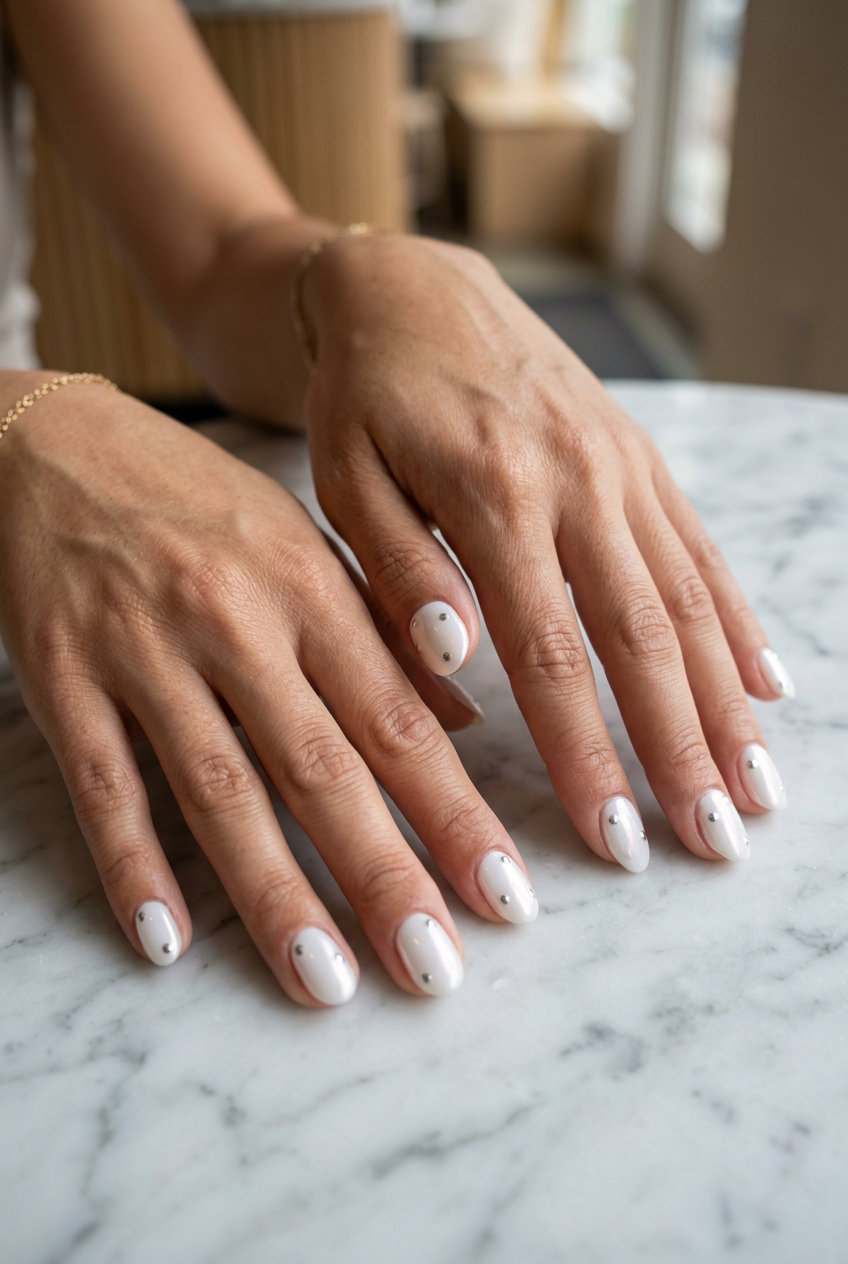 Minimalist Oval Summer Nails 2026: Chrome Dots Minimalist oval summer nails 2026: sheer white negative space with chrome dots for all skin tones.