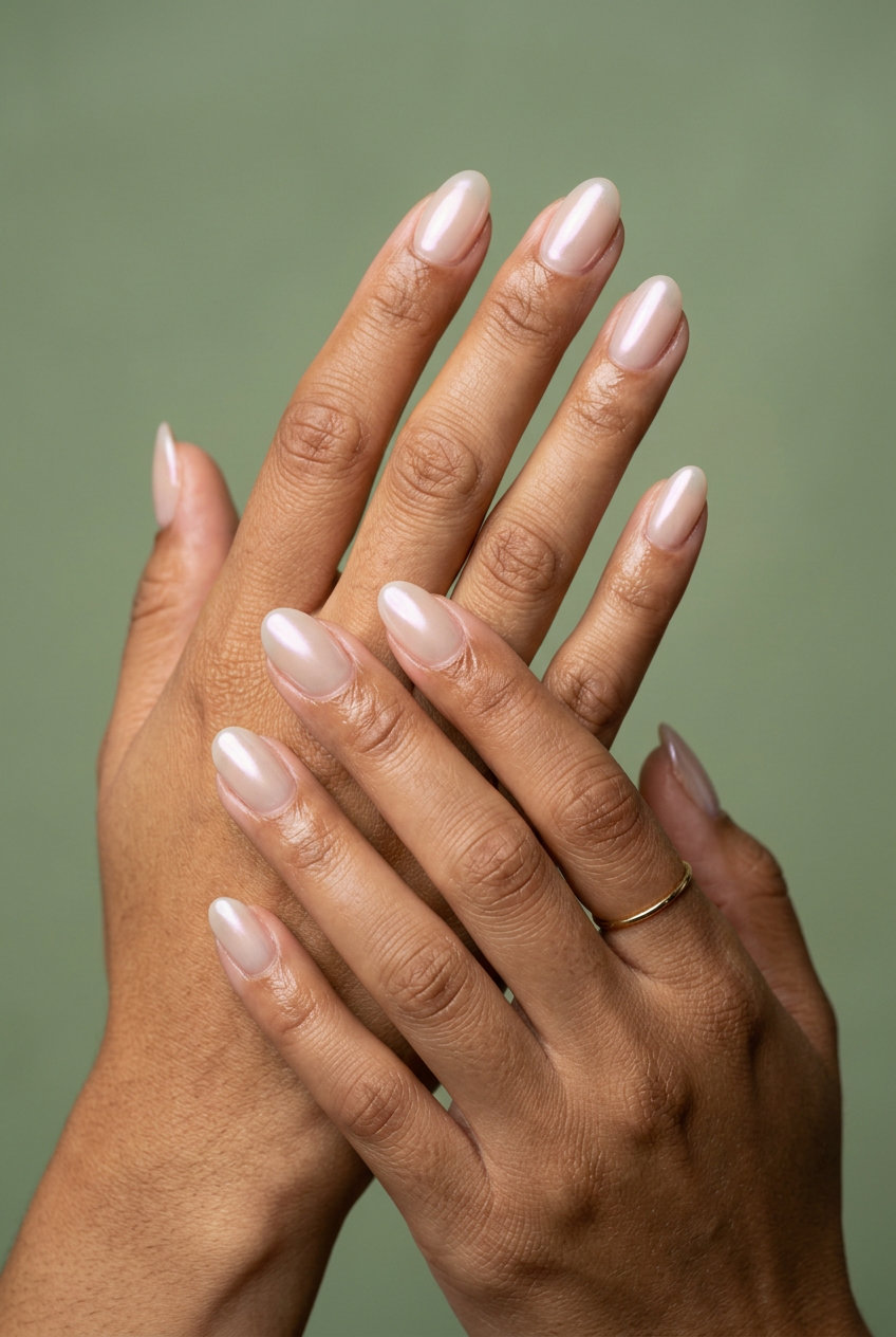Clean Oval Summer Nails 2026: Glazed Donut Clean-girl oval summer nails 2026: sheer white glazed donut effect for all skin tones.
