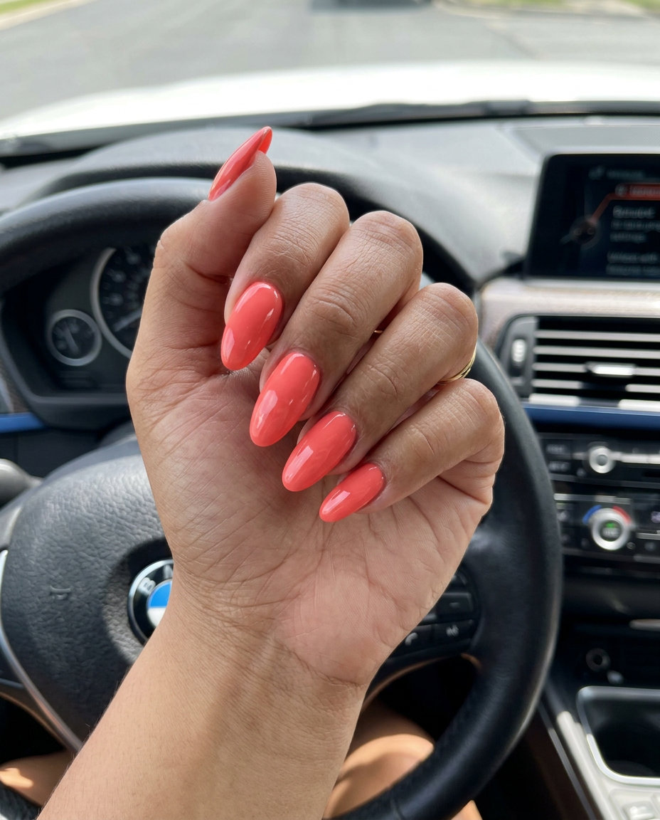 Radiant Oval Summer Nails 2026: Soft Coral Pop Radiant oval summer nails 2026: soft coral glossy pop for all skin tones, perfect for summer evenings.