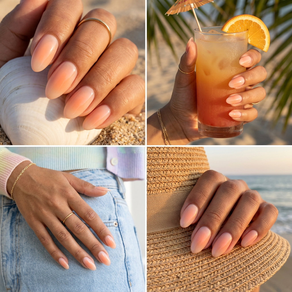 Warm Oval Summer Nails 2026: Peach Aura Warm oval summer nails 2026: sun-kissed peach aura for all skin tones, perfect for summer outings.